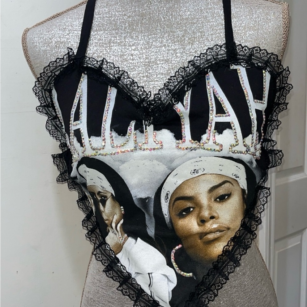 Black Graphic Lace Trim Top